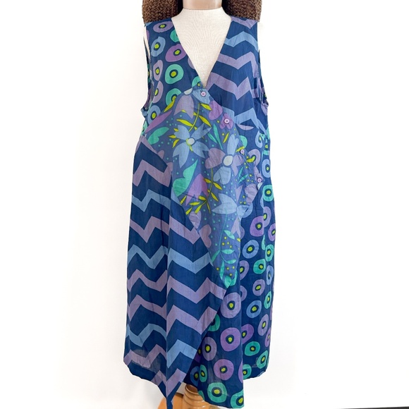 Gudrun Sjoden Wrap Dress Blue Purple Mix Print Patchwork XL Hanky Hem Lagenlook - Picture 1 of 14